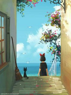 a painting of a girl and her cat looking out an open door at the ocean