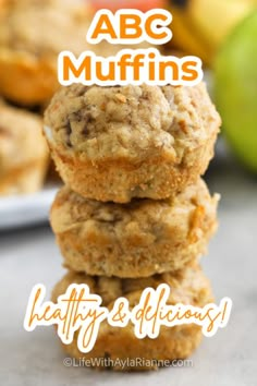 three oatmeal muffins stacked on top of each other with the words abc muffins healthy and delicious