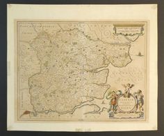 an old map of england with people standing on the land and in the background is a black frame