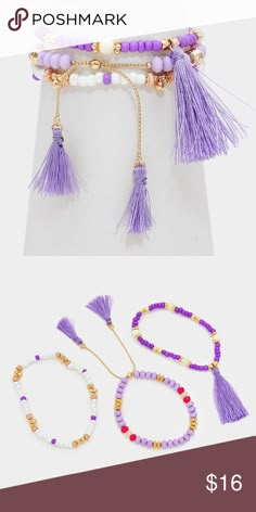 two different bracelets with beads and tassels on them, one is purple