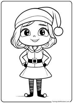 a girl wearing a santa hat and dress coloring page for christmas season, with the word merry