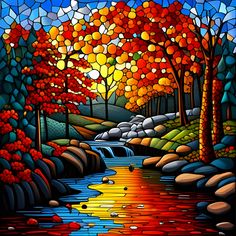 a painting of a river surrounded by trees and rocks with autumn colors in the background