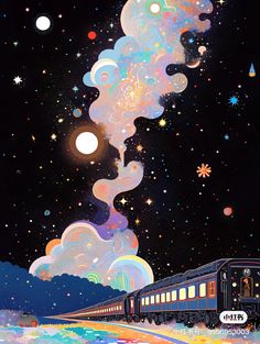 a painting of a train traveling through the night sky