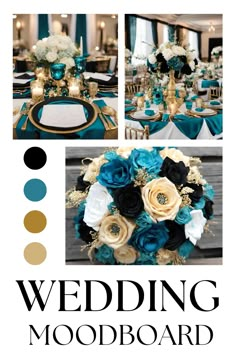 wedding mood board with blue, gold and white flowers on the centerpieces in different colors