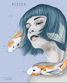 a drawing of a woman with blue hair and two koi fish in her arms