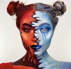 Fire And Ice Makeup Looks, Full Face Makeup Art, Fire And Ice Makeup, Cold Makeup Look, Half Face Makeup, Cold Makeup, Makeup Ideas For Halloween, Xmas Makeup