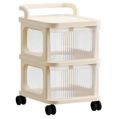 a white plastic storage cart with three clear bins on the front and two black wheels