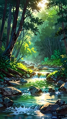 a stream running through a lush green forest filled with lots of rocks and greenery