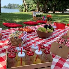 an outdoor picnic is set up with fruit and drinks for the guests to enjoy in