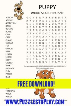 a printable puppy word search puzzle is shown with the words, and an image of a