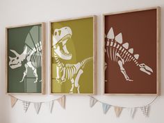 three framed dinosaur prints hanging on the wall