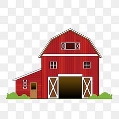 a red barn with two doors and windows on the side of it, transparent background