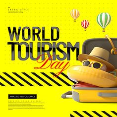 an advertisement for the world tourism day with a cartoon character in a hat and sunglasses