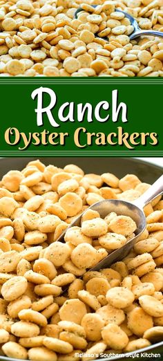 ranch oyster crackers in a bowl with a spoon on top and the title overlay reads, ranch oyster crackers