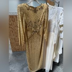 Super Beautiful And In Amazing Condition Vintage, Sort Of 80s-Does-30s I Feel? Gold Beading And Sequins Swooping Scarf At Back; Gorgeous Unique Details Bust 36 Waist 28 Hip 38 Fits Like A Sm/6 Vintage Gold Sequin Dress, Gold V-neck Sequin Party Dress, Luxury Gold V-neck Maxi Dress, Vintage V-neck Sequin Dress, Gold Embellished Sequin V-neck Dress, Beaded Gown, Gold Beads, Vintage Gold, The Incredibles