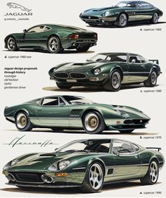 four different types of sports cars are shown in this diagram, and each one has its own name on it