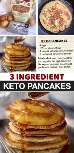 pancakes are stacked on top of each other with the words 3 ingredient keto pancakes