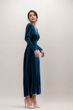 Dusty Blue Velvet Dress, Dress Braidsmaid, Blue Velvet Long Sleeve Dress, Long Sleeve Velvet Gown, Royal Blue Velvet Dress, Dark Blue Velvet Dress, Navy Velvet Dress, Velvet Long Dress, Luxury Robes