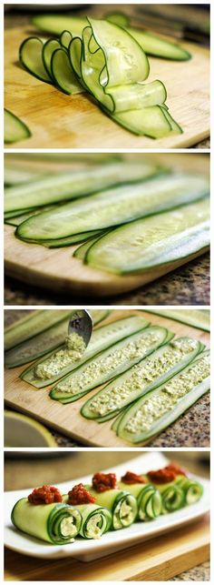 cucumber slices being prepared on a cutting board