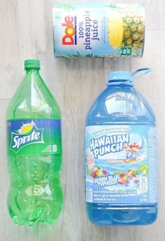 two bottles of water, one with hawaiian punch and the other with sprite on it