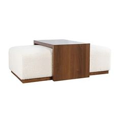 two wooden and white stools sitting next to each other