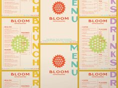 the menus for bloom tea are displayed on a yellow and white background with red, green, and blue designs