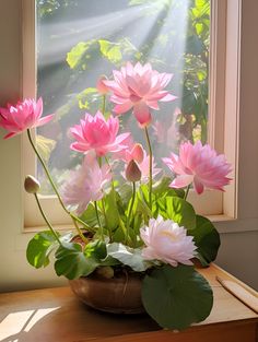 a potted plant with pink flowers in front of a window