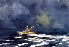 a watercolor painting of a person in a kayak on the water with dark clouds behind them