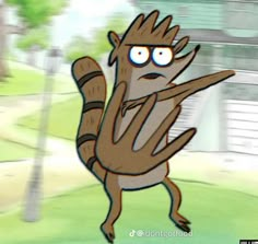 an animated image of a racoon holding his hands up in front of him