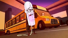 a cartoon character is holding up a giant piece of food in front of a school bus