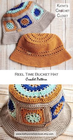 two crocheted hats with different colors and patterns on them, one has a sun hat