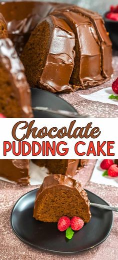 a chocolate pudding cake on a black plate with raspberries around it and the text overlay reads, chocolate pudding cake