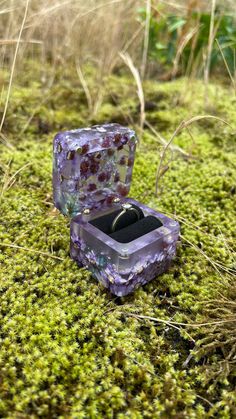 an open ring box sitting on top of a moss covered ground