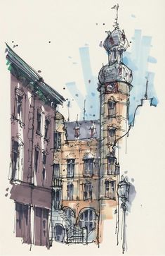 a drawing of a building with a clock tower