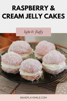 raspberry and cream jelly cakes on a plate with the words light & fluffy