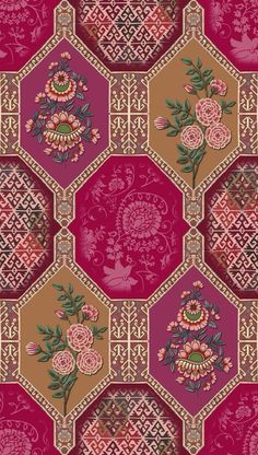 a red and brown pattern with pink flowers on it's sides, in the middle of