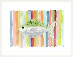 a watercolor painting of a fish in front of multi - colored striped paper background