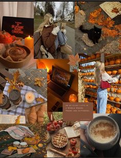 a collage of photos with pumpkins and other things