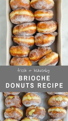 fresh and heavenly brioche donuts recipe in a box with powdered sugar on top