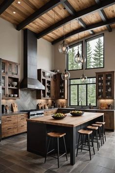 a large kitchen with wooden cabinets and an island in the center, surrounded by stools