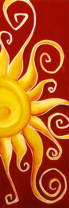 a painting of a yellow sun with swirls on the bottom and red back ground