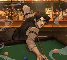 a man leaning over a pool table in front of a bar