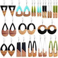 PRICES MAY VARY. Trendy Wood Earrings Package: You will receive 15 pairs of wooden earrings. Diverse shapes (Rectangle, Round, Triangle, Leaf, Teardrop, Ellipse and so on). Each wood earring has its own unique texture and color, Stylish and Elegant, can match your any outfits. Elegant Boho Wooden Earrings: Minimalist design, elegant shape, make you more delicate and charming, make you stand out in the crowd. You will get more compliments, Perfect everyday earrings. Lightweight Wood Earrings: Boh Wood And Resin Jewelry, Earring Templates, Laser Cut Earring, Earring Art, Wood Dangle Earrings, Wood Resin Jewelry, Wood Earring, Laser Cut Earrings, Cut Earrings