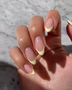 Almond Nails Tips French, Almond Nails Tip Color, Coloured French Tip Nails Almond, Yellow Short French Tip Nails, French Nail Tips Colors, French Yellow Tip Nails, Glass Nails French Tip, Light Yellow French Tip Nails Almond, Yellow French Nails With Cherry