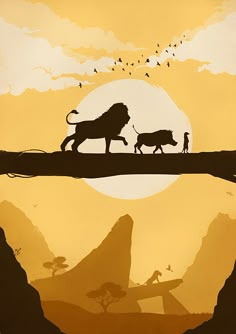 the lion and the person are walking on a bridge with birds flying over them at sunset