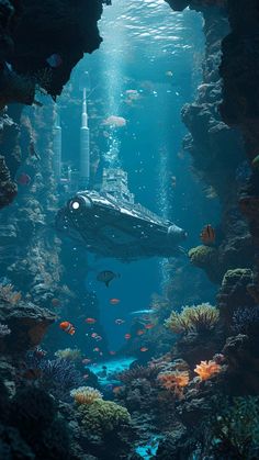 an underwater scene with a submarine in the water and corals on the bottom floor