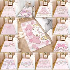 many pictures of hello kitty bedding and rugs in various sizes, shapes and colors