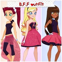 three cartoon girls in different outfits with the caption b f wfthf