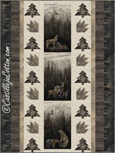 an image of a quilt with deers and trees on it's sides, in the background is a forest scene