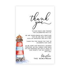 a card with the words thank you on it and a lighthouse in watercolors